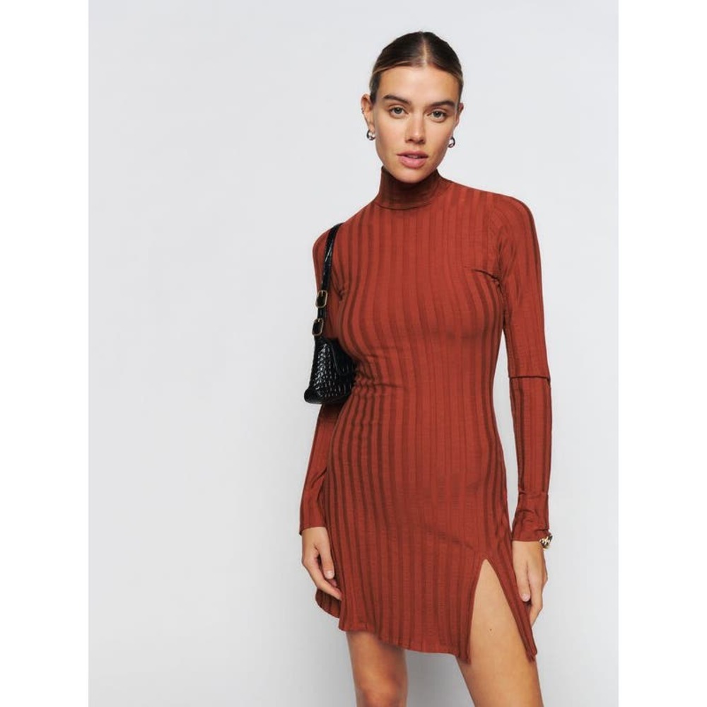 New Reformation Libra Knit Mini Dress Rust Orange Side Slit Long Sleeve Sz S